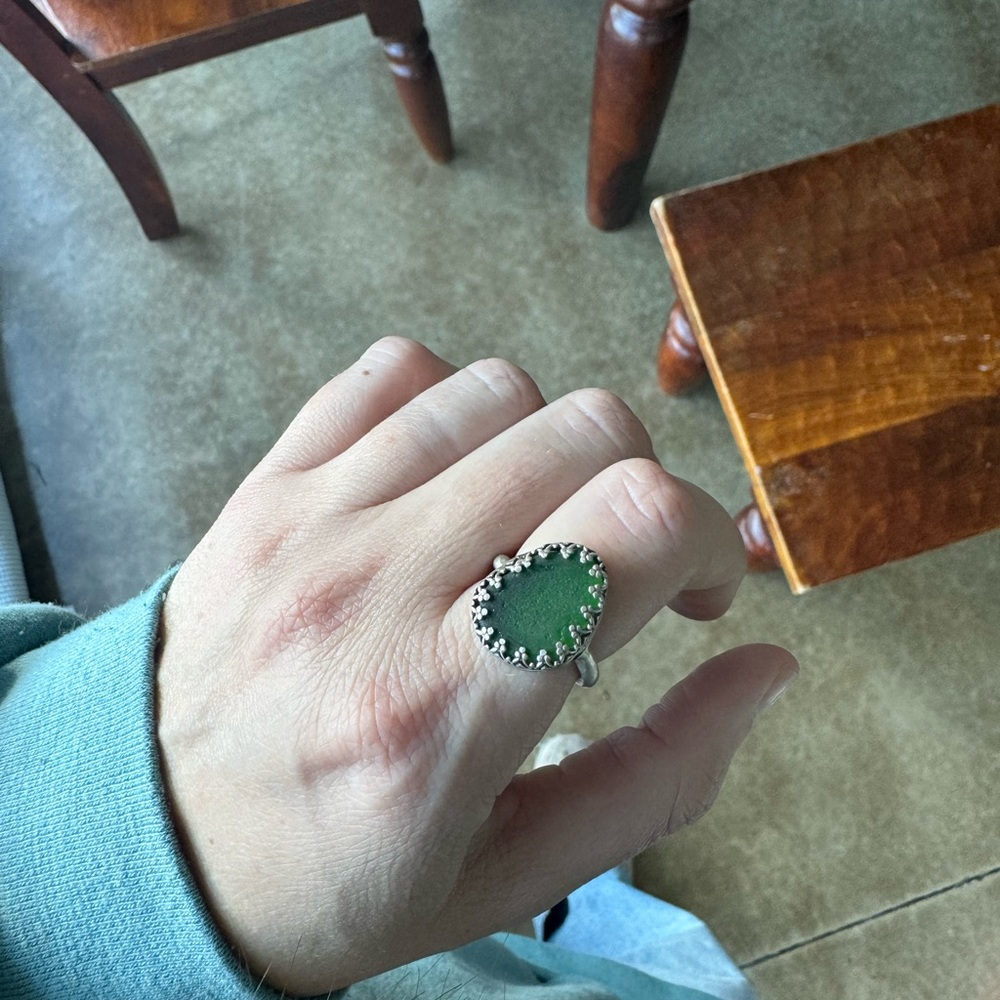 Green Sea glass and silver ring SZ 7